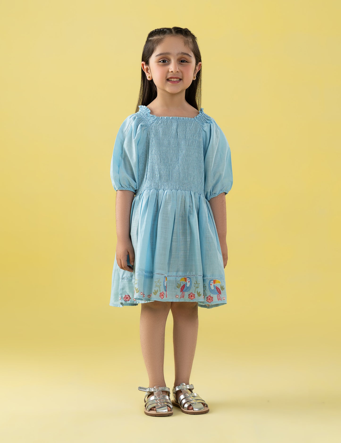 SMOCKED PUFF SLEEVE EMBROIDERED DRESS