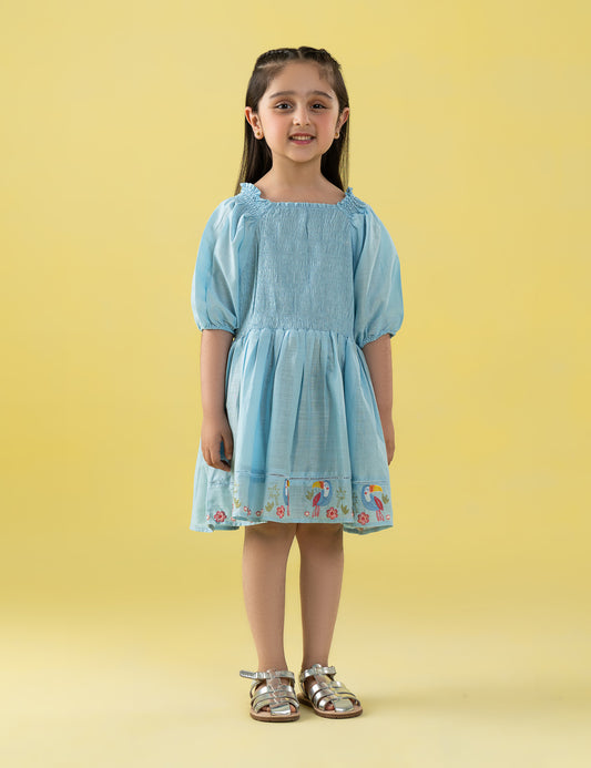 SMOCKED PUFF SLEEVE EMBROIDERED DRESS