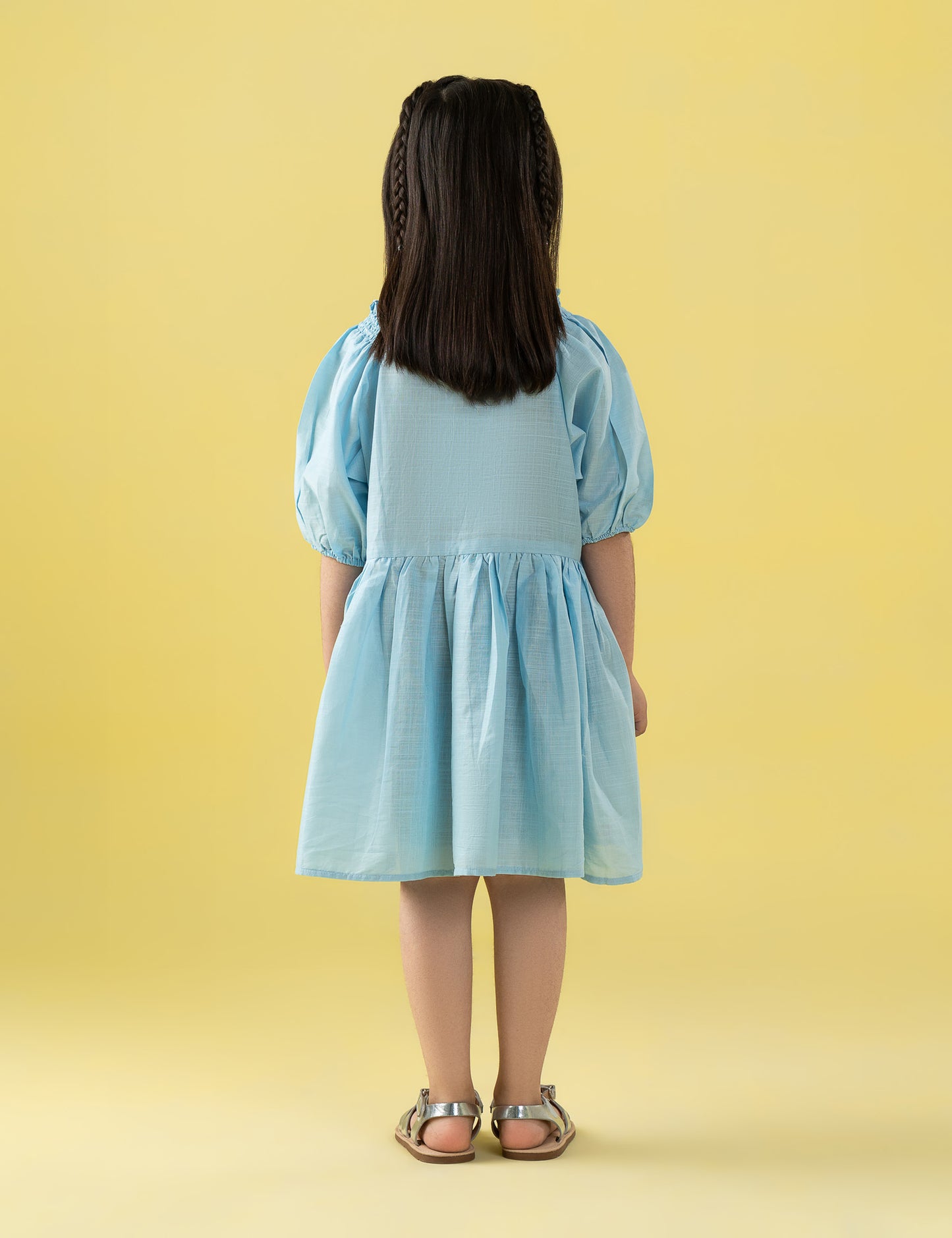 SMOCKED PUFF SLEEVE EMBROIDERED DRESS