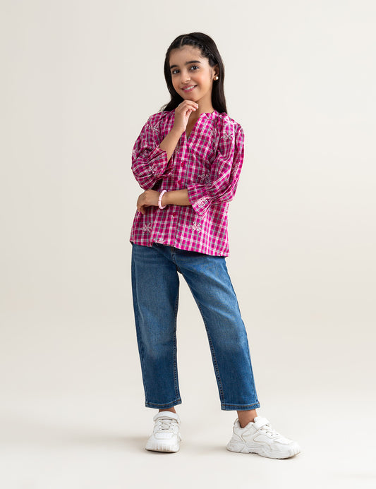 EMBROIDERED BUTTON DOWN CHECKERED TOP