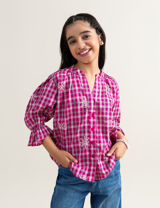 EMBROIDERED BUTTON DOWN CHECKERED TOP