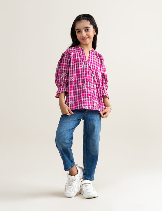 EMBROIDERED BUTTON DOWN CHECKERED TOP