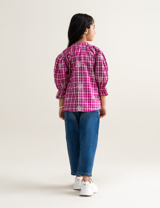 EMBROIDERED BUTTON DOWN CHECKERED TOP