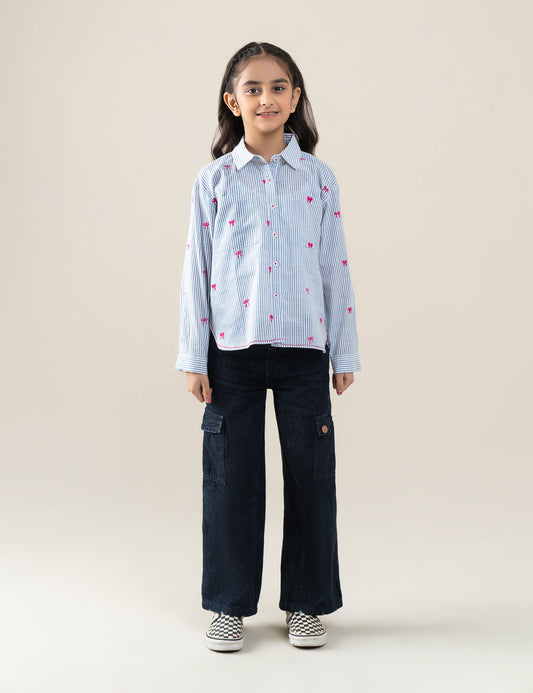 STRIPED EMBROIDERED BUTTON DOWN TOP