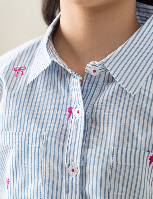 STRIPED EMBROIDERED BUTTON DOWN TOP
