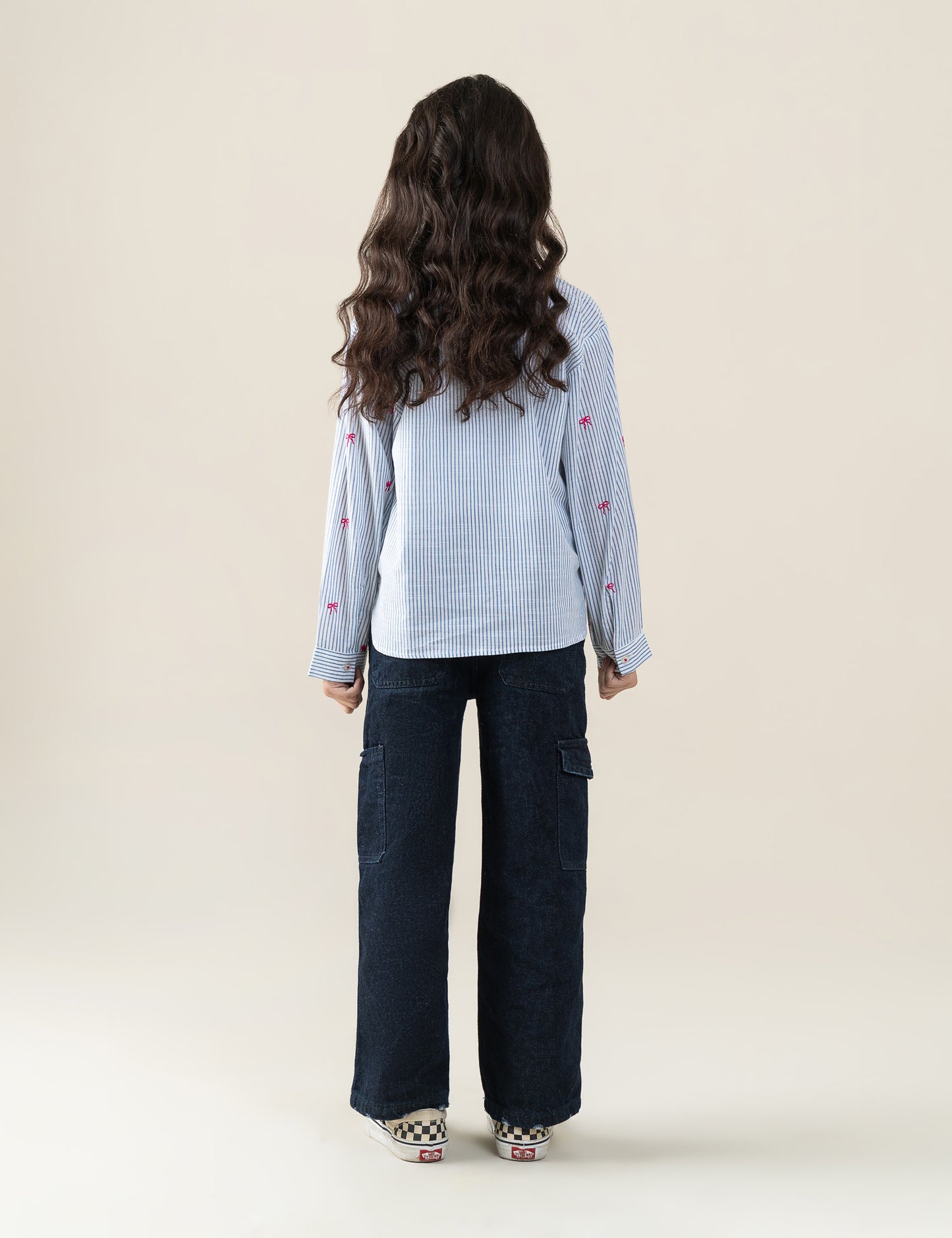 STRIPED EMBROIDERED BUTTON DOWN TOP
