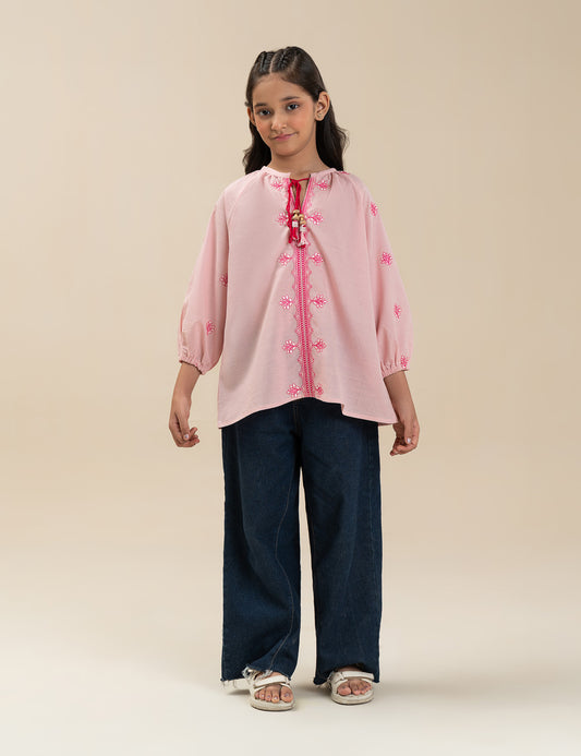 EMBROIDERED TIE-NECK TOP