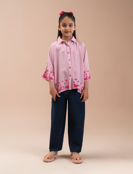 STRIPED EMBROIDERED BUTTON DOWN TOP