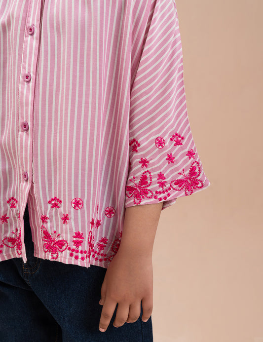 STRIPED EMBROIDERED BUTTON DOWN TOP