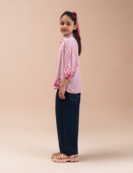 STRIPED EMBROIDERED BUTTON DOWN TOP