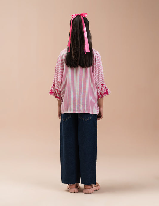 STRIPED EMBROIDERED BUTTON DOWN TOP