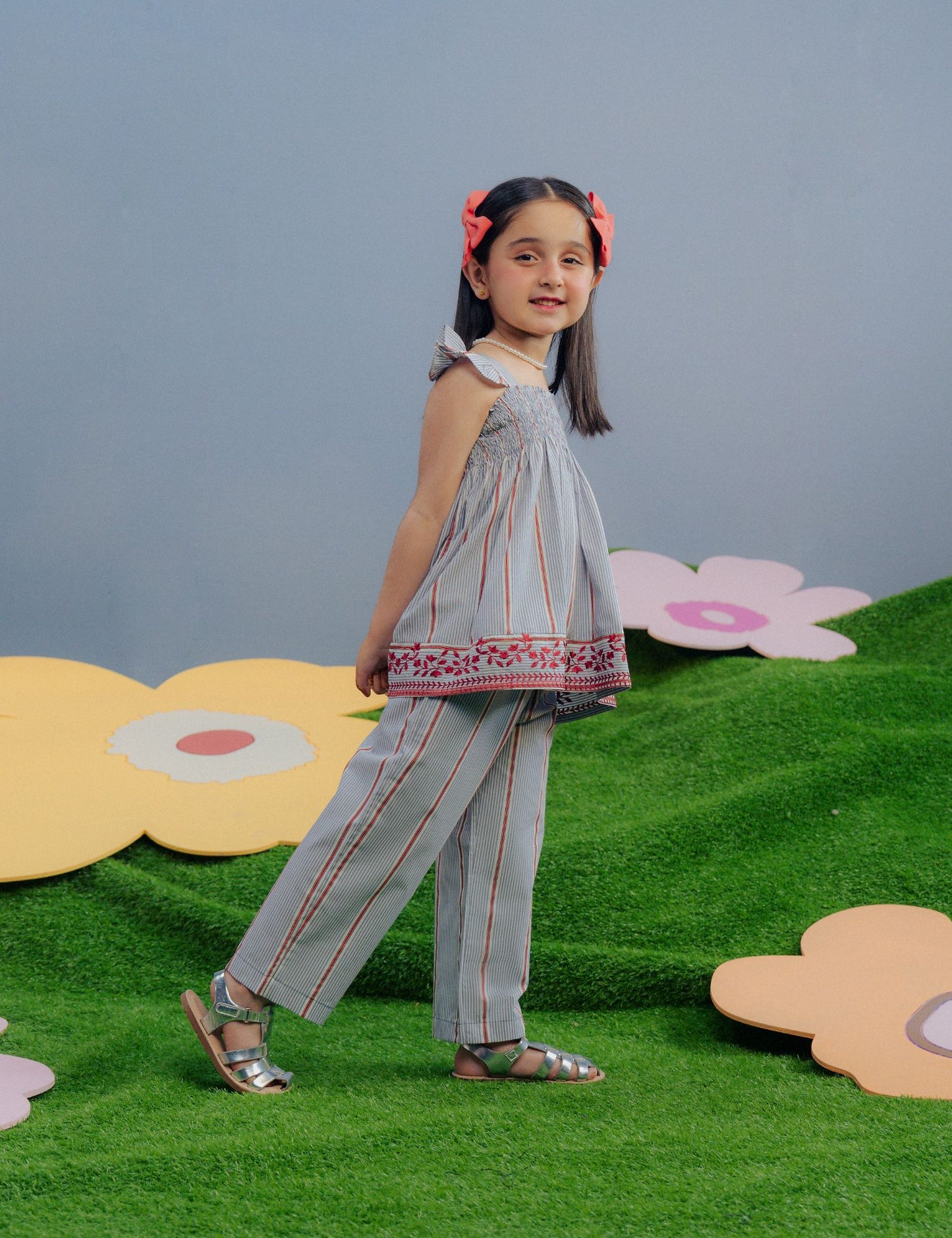 2 PIECE STRIPED EMBROIDERED SUIT