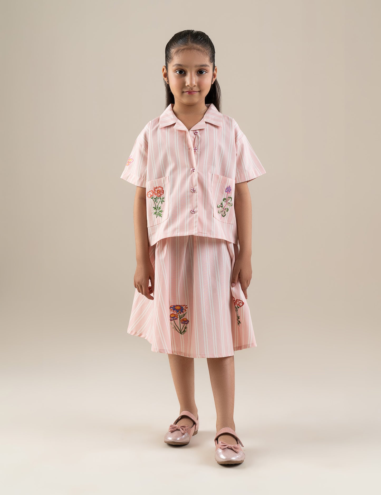 2 PIECE STRIPED FLORAL EMBROIDERED SUIT