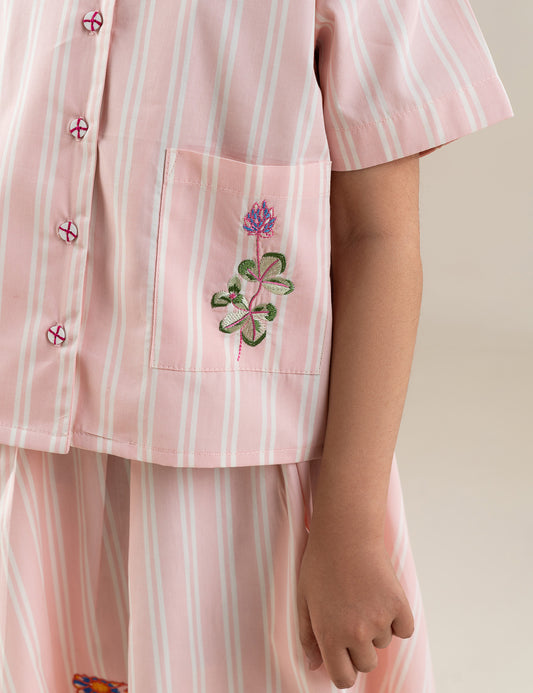 2 PIECE STRIPED FLORAL EMBROIDERED SUIT