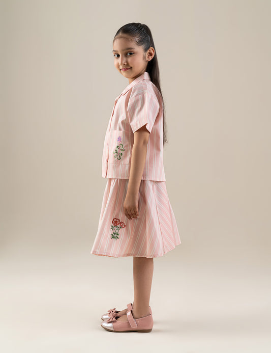 2 PIECE STRIPED FLORAL EMBROIDERED SUIT