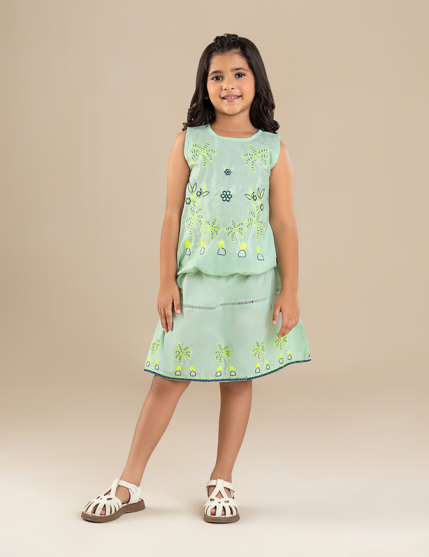 2 PIECE PALM TREE EMBROIDERED SUIT