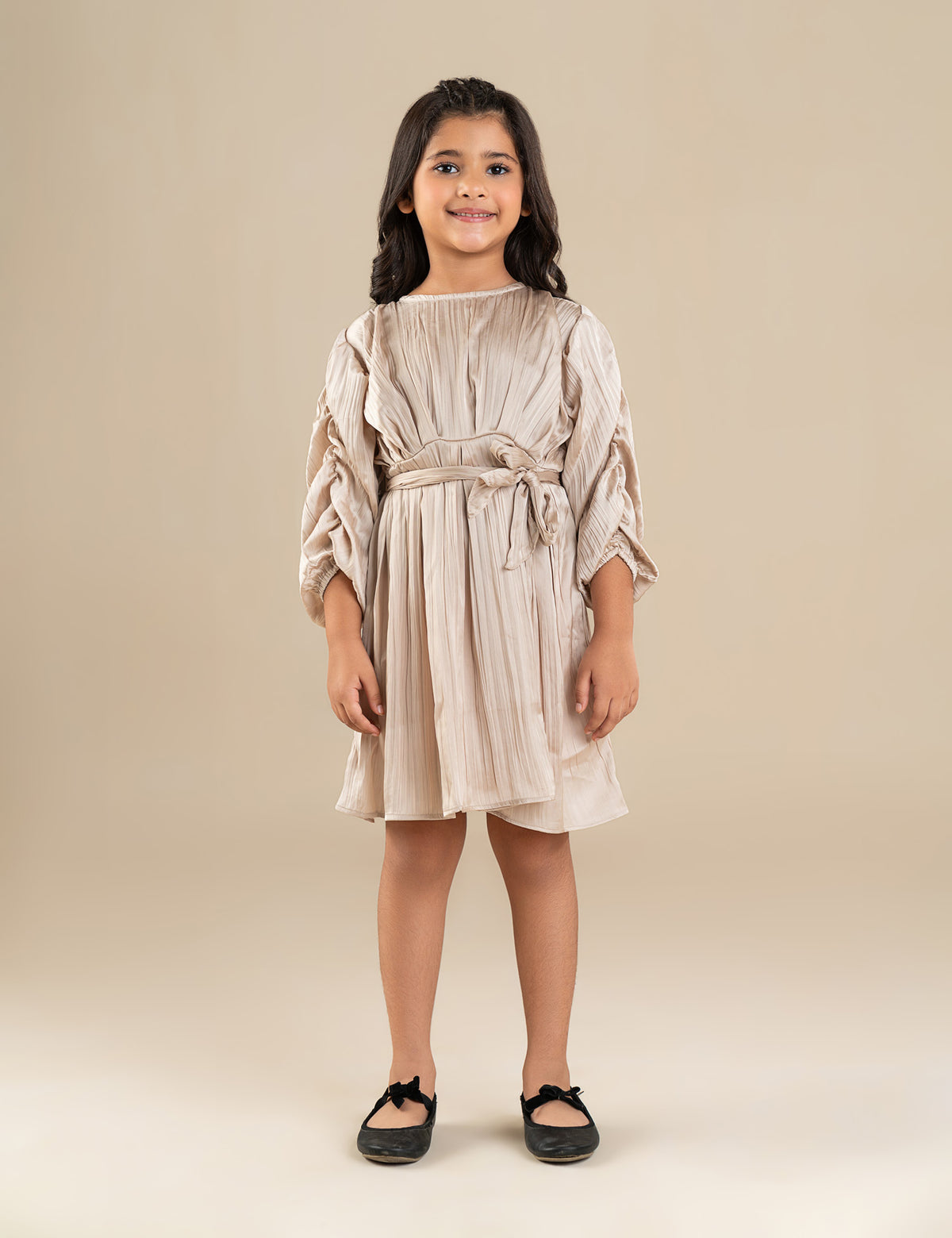RUFFLE SLEEVE BELTED DRESS