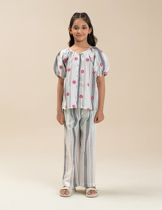 2 PIECE STRIPED FLORAL EMBROIDERED SUIT