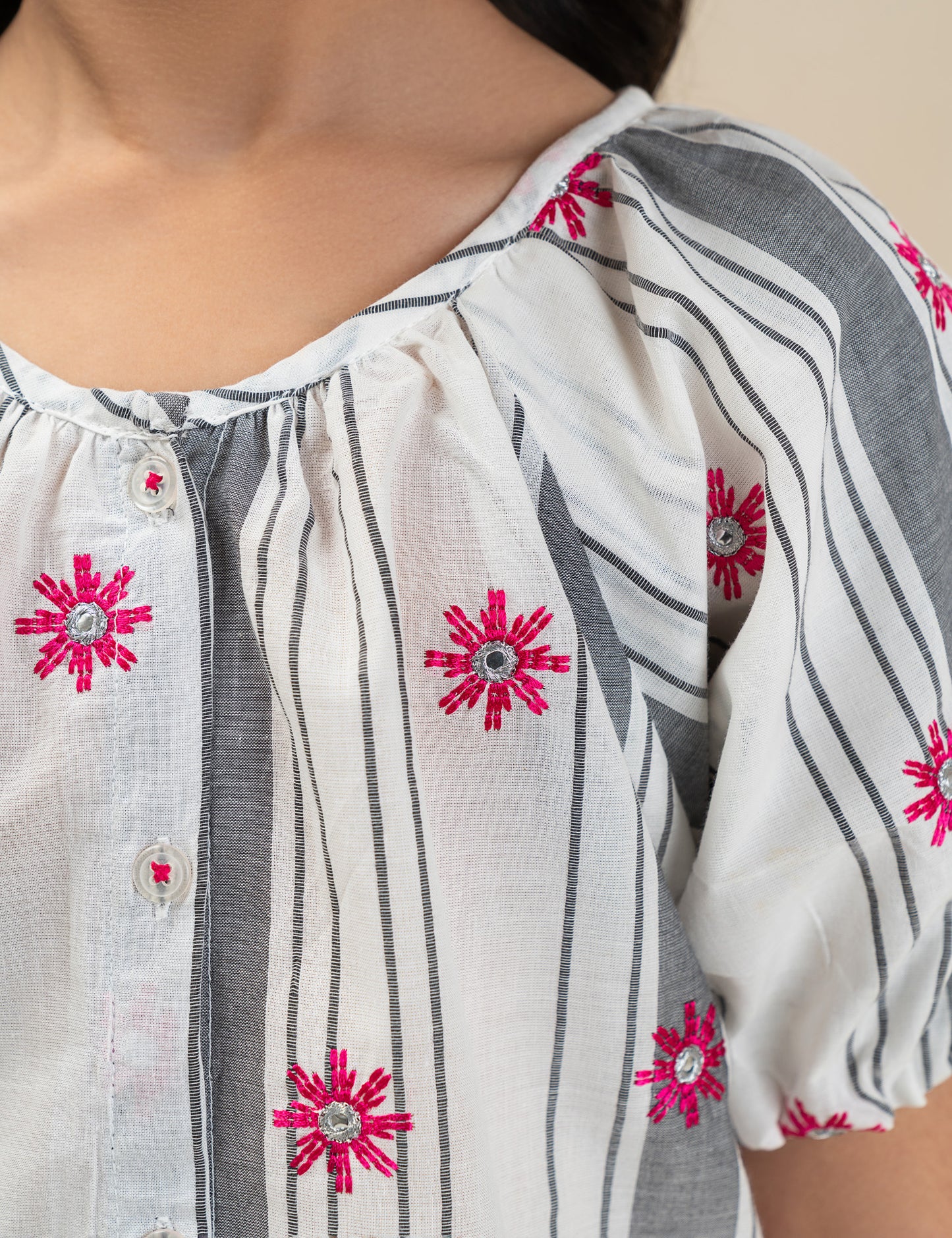 2 PIECE STRIPED FLORAL EMBROIDERED SUIT