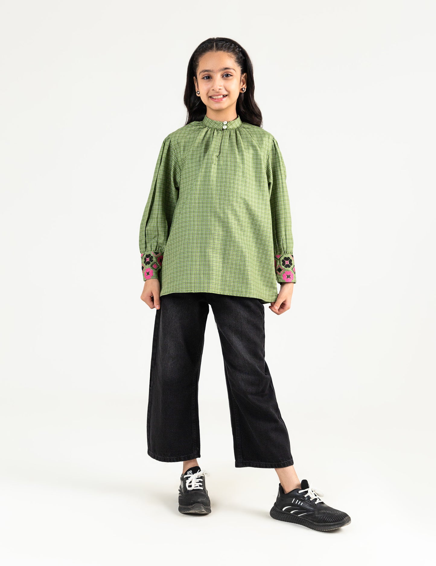 MOCK NECK CHECKERED TOP WITH EMBROIDERED CUFFS