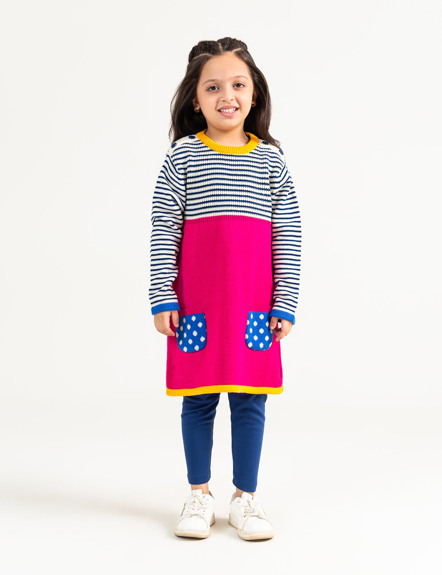 COLOR BLOCK SWEATER DRESS WITH POLKA DOTS POCKETS