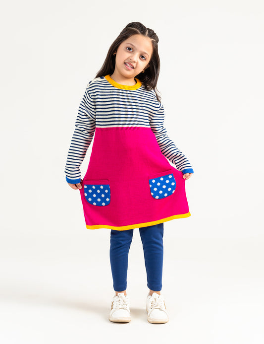 COLOR BLOCK SWEATER DRESS WITH POLKA DOTS POCKETS