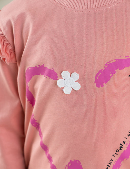 HEART AND FLOWER RUFFLE SLEEVE SWEATSHIRT