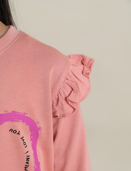 HEART AND FLOWER RUFFLE SLEEVE SWEATSHIRT