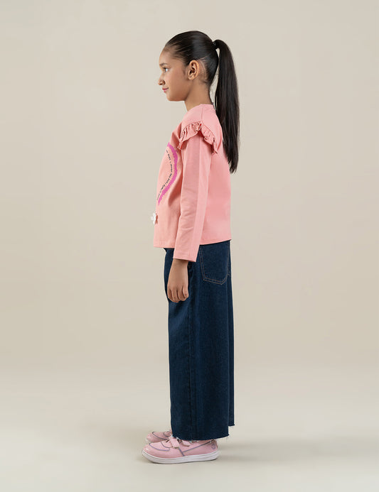 HEART AND FLOWER RUFFLE SLEEVE SWEATSHIRT