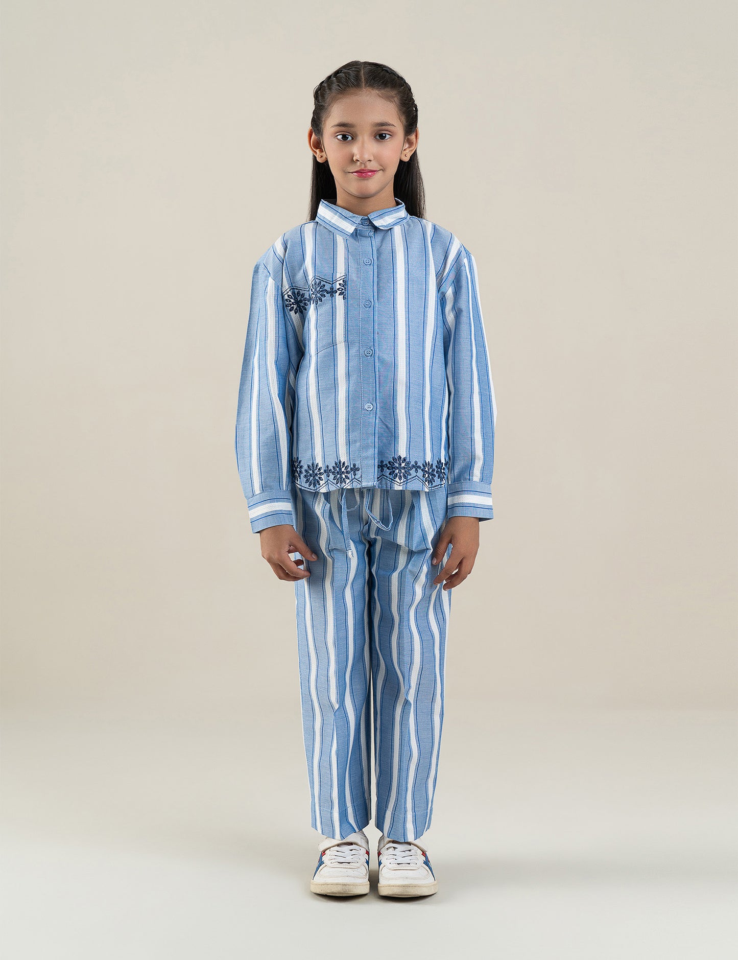 2 PIECE STRIPED EMBROIDERED SUIT