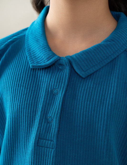 SOLID RIBBED POLO-STYLE SWEATSHIRT