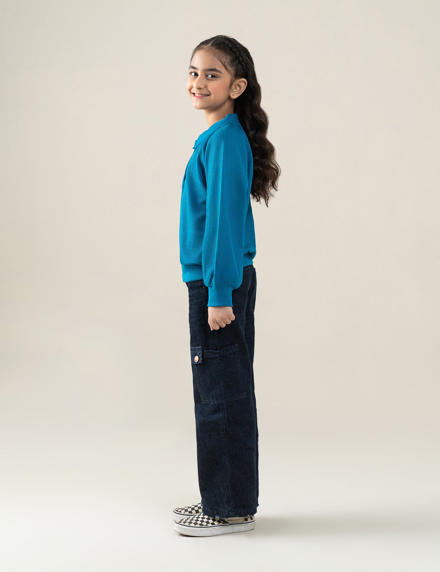 SOLID RIBBED POLO-STYLE SWEATSHIRT