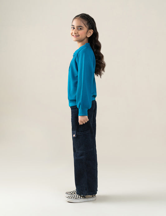 SOLID RIBBED POLO-STYLE SWEATSHIRT