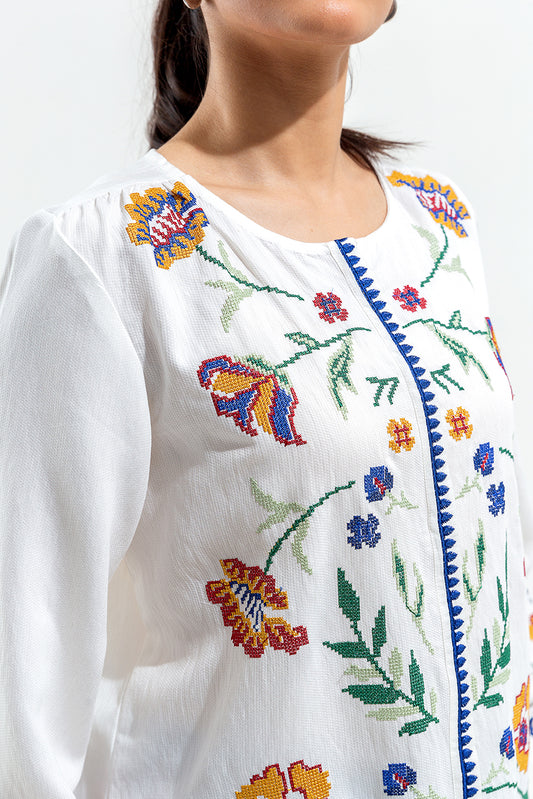 EMBROIDERED DOBBY WHITE ARSH TOP (PRET)