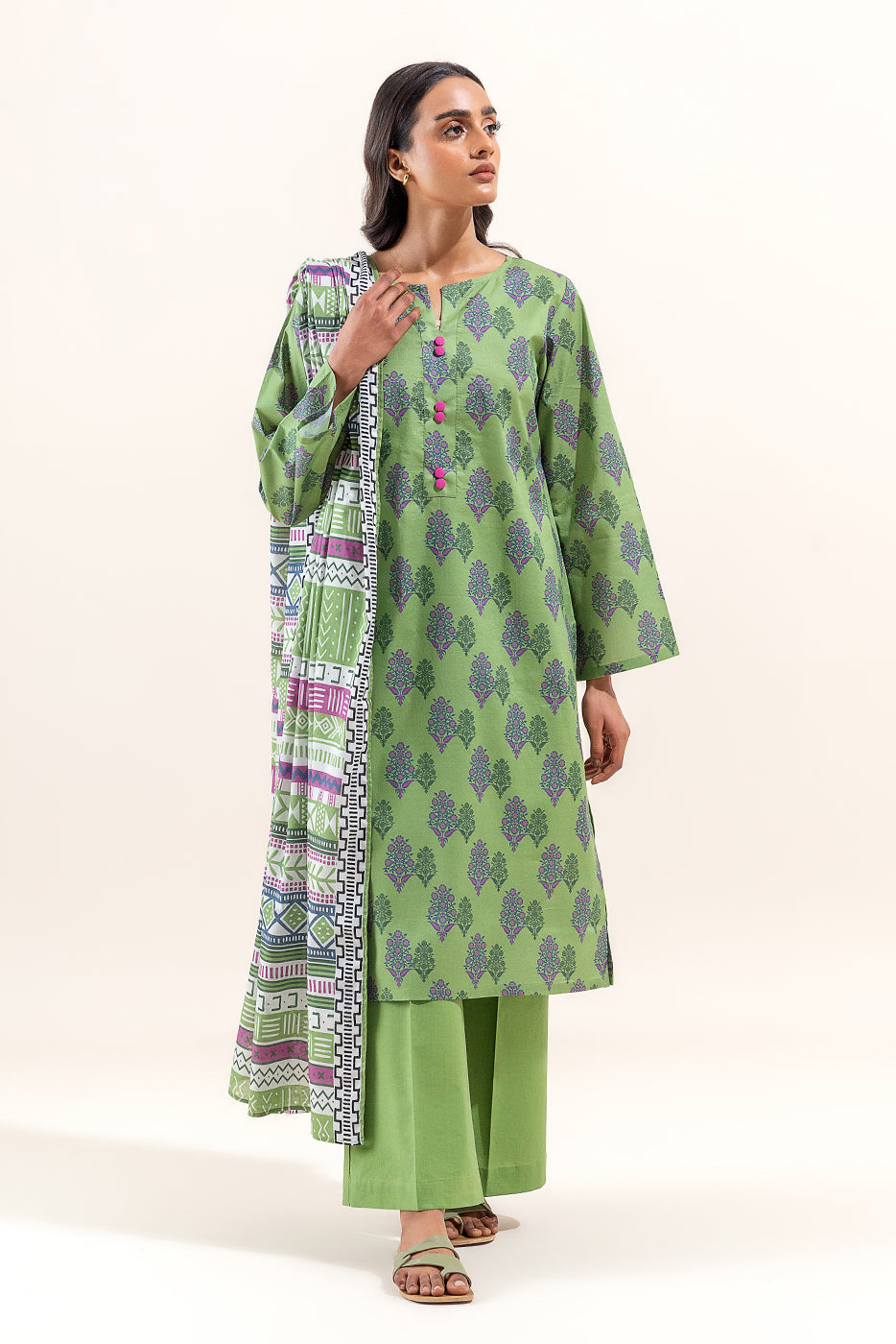 3 PIECE PRINTED LAWN SUIT-SAGE DEW (UNSTITCHED)