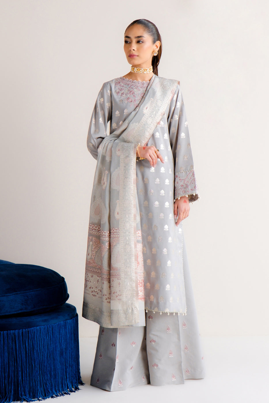 3 PIECE EMBROIDERED JACQUARD SUIT-MYSTIC MISTY (UNSTITCHED) - BEECHTREE