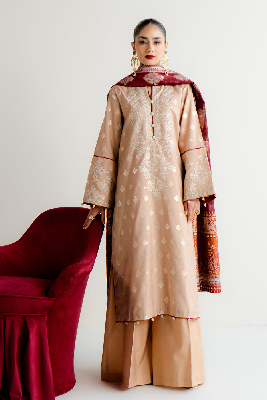 3 PIECE EMBROIDERED JACQUARD SUIT-TAUPE TREASURE (UNSTITCHED)