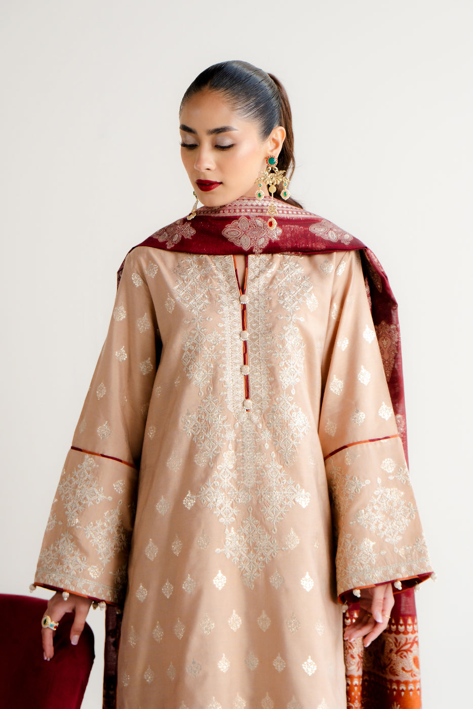 3 PIECE EMBROIDERED JACQUARD SUIT-TAUPE TREASURE (UNSTITCHED)