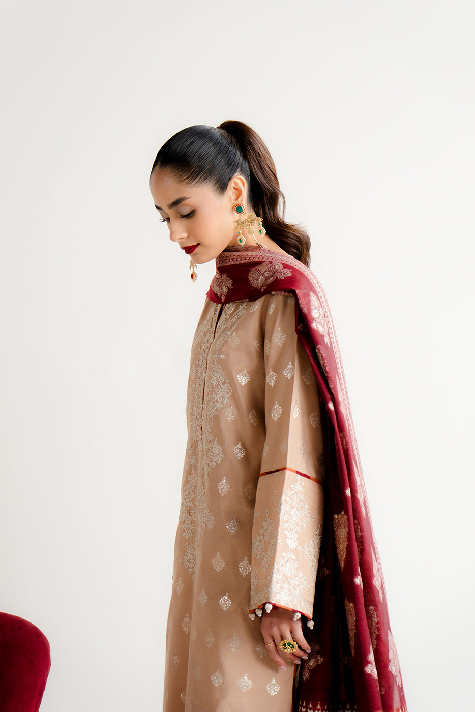 3 PIECE EMBROIDERED JACQUARD SUIT-TAUPE TREASURE (UNSTITCHED)