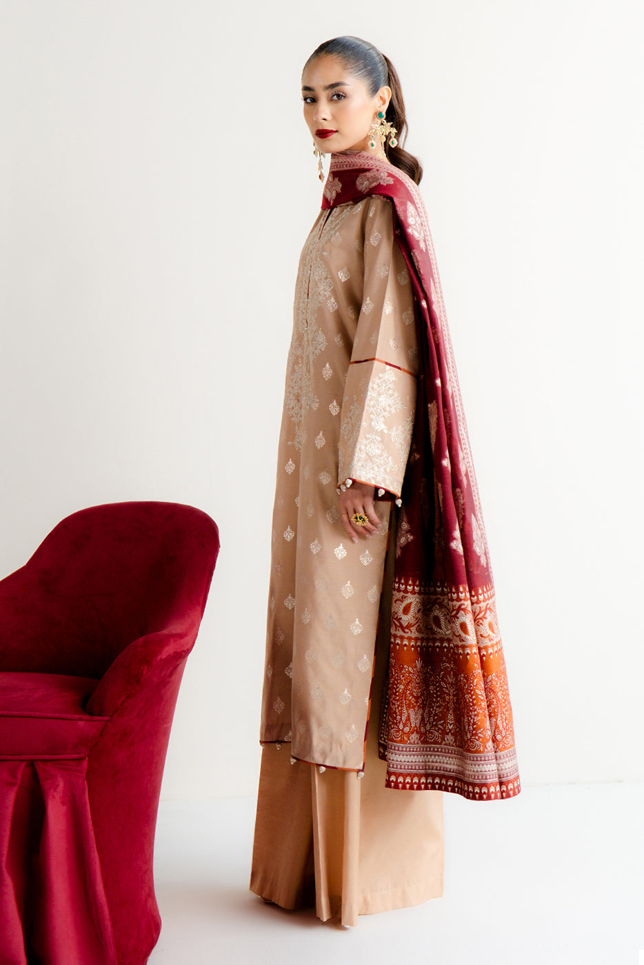 3 PIECE EMBROIDERED JACQUARD SUIT-TAUPE TREASURE (UNSTITCHED)