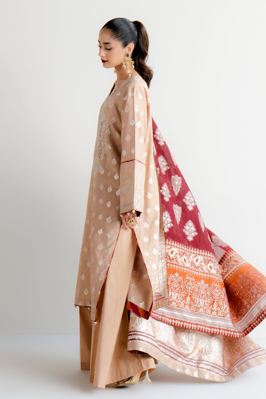 3 PIECE EMBROIDERED JACQUARD SUIT-TAUPE TREASURE (UNSTITCHED)