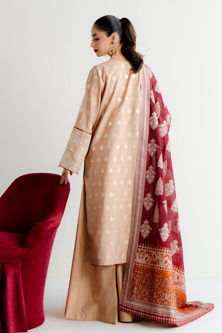 3 PIECE EMBROIDERED JACQUARD SUIT-TAUPE TREASURE (UNSTITCHED)