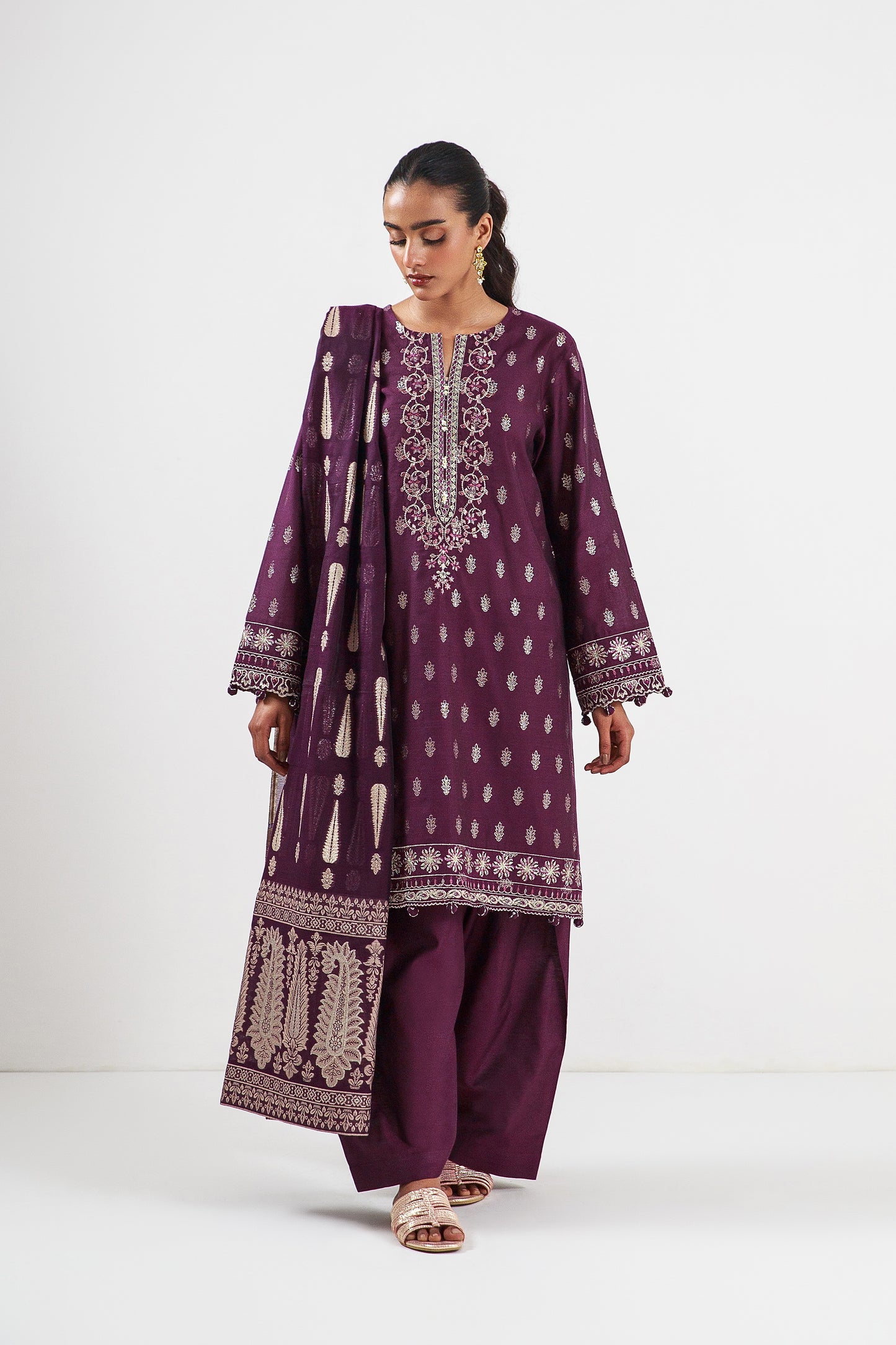 3 PIECE EMBROIDERED JACQUARD SUIT-PLUM SEQUIN (UNSTITCHED)