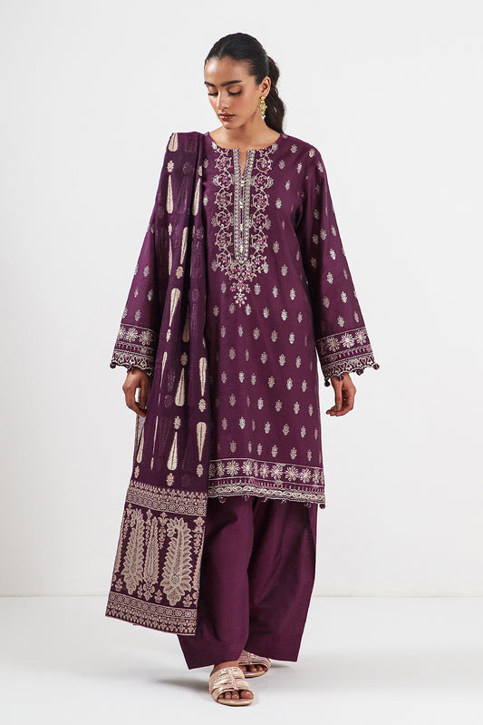 3 PIECE EMBROIDERED JACQUARD SUIT-PLUM SEQUIN (UNSTITCHED)