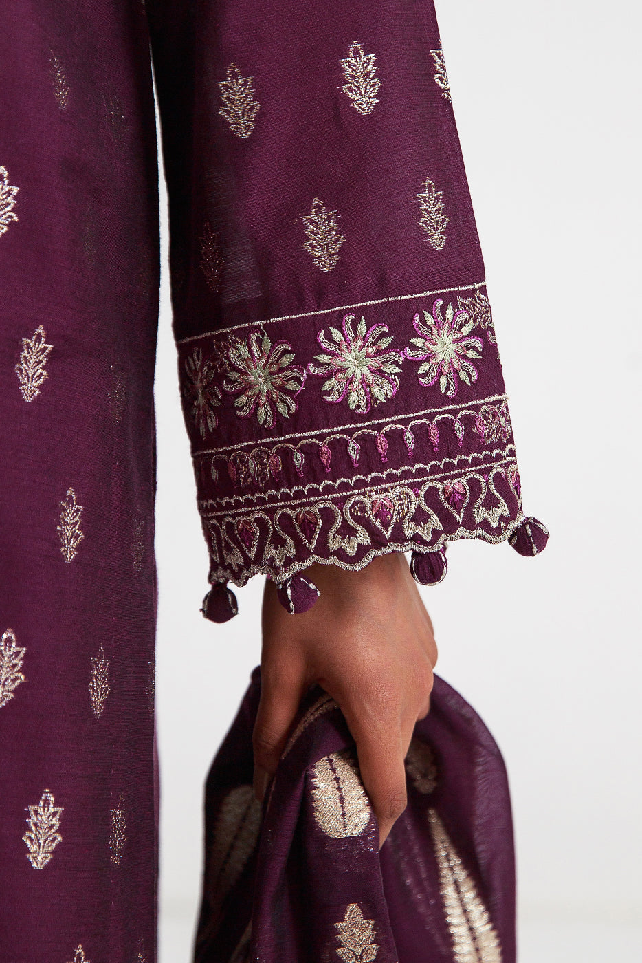 3 PIECE EMBROIDERED JACQUARD SUIT-PLUM SEQUIN (UNSTITCHED)