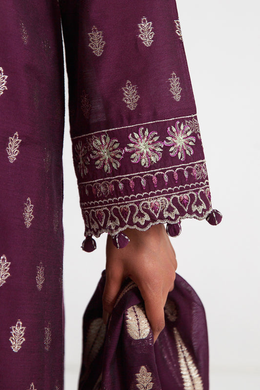 3 PIECE EMBROIDERED JACQUARD SUIT-PLUM SEQUIN (UNSTITCHED)