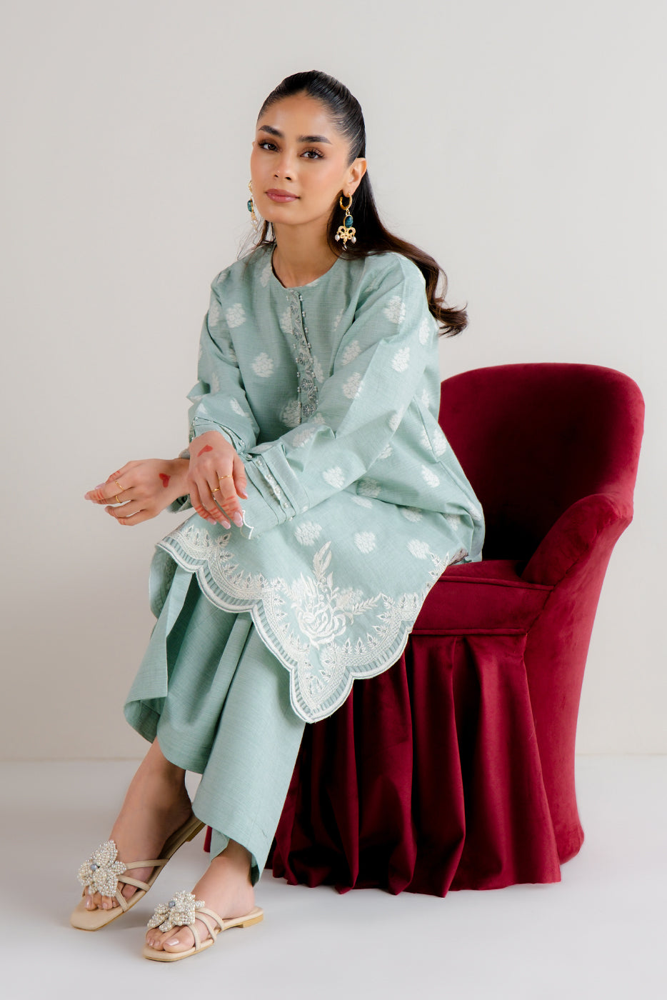 2 PIECE EMBROIDERED TWO TONE JACQUARD SUIT-MISTY MINT (UNSTITCHED) - BEECHTREE