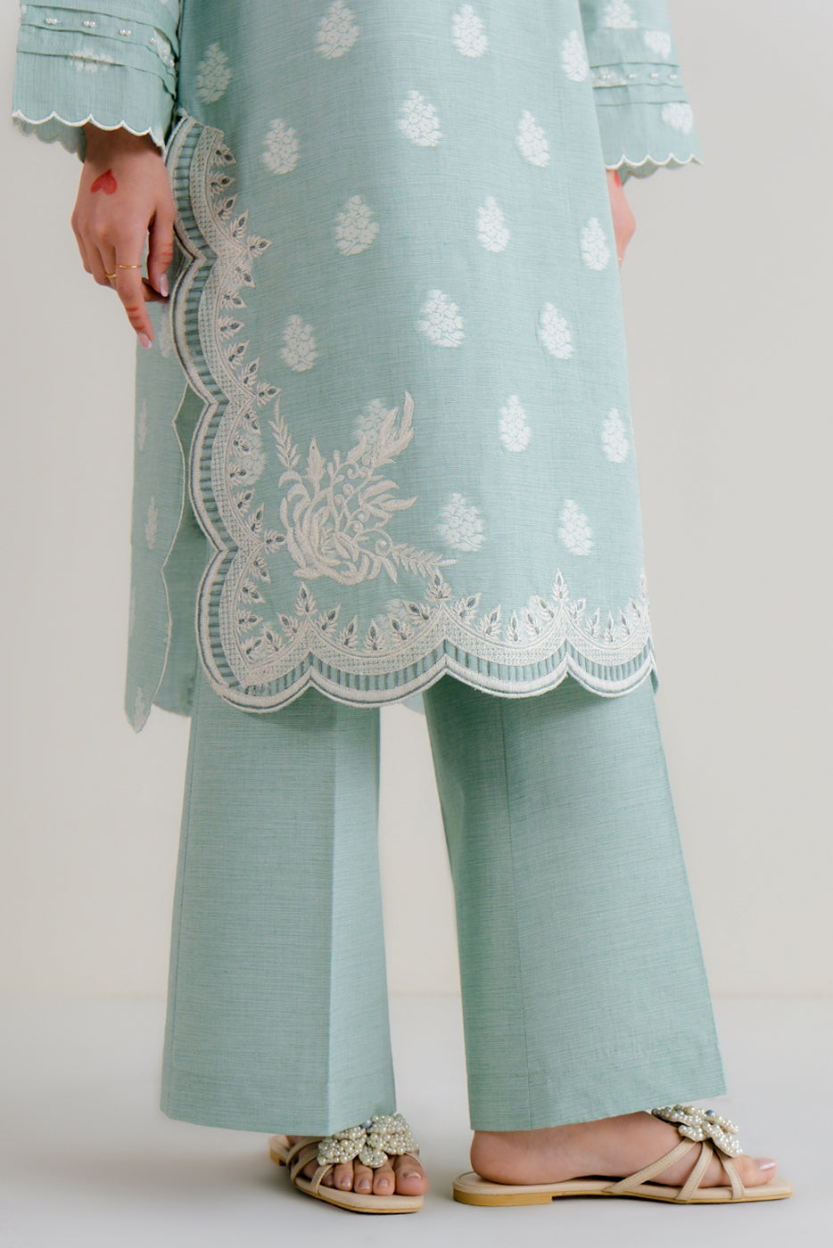 2 PIECE EMBROIDERED TWO TONE JACQUARD SUIT-MISTY MINT (UNSTITCHED)