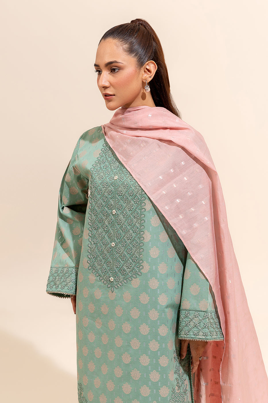 3 PIECE EMBROIDERED JACQUARD SUIT-TURQOISE BLUSH (UNSTITCHED)