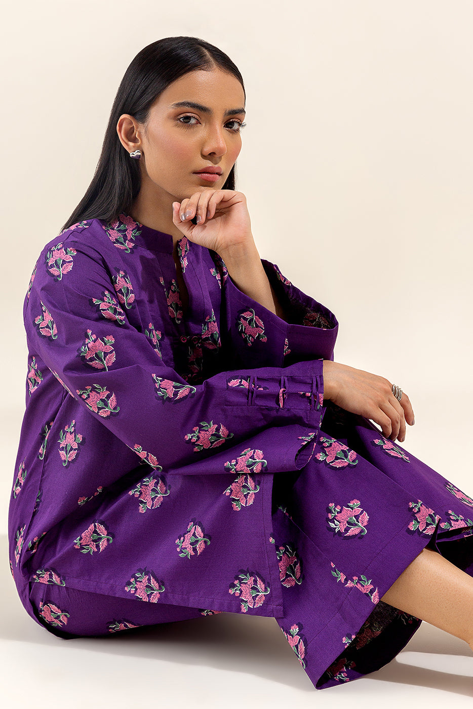 2 PIECE PRINTED LAWN SUIT-FLORA PLUM (UNSTITCHED)